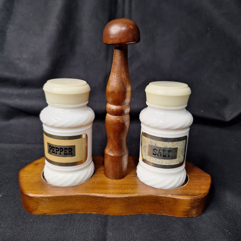 Vintage Milk Glass Salt & Pepper Shakers Set with Wood‎ Caddy Handle White Swirl